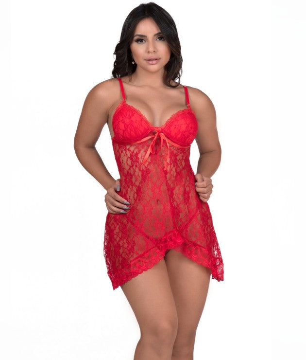 Camisola em renda transparente com calcinha – Delia - Desejo Lingerie