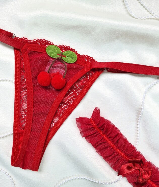 Calcinha Fio Dental de Tule com Perneira – Cereja - Desejo Lingerie
