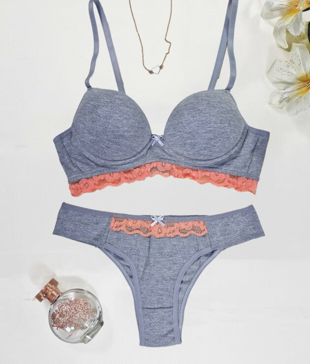 Conjunto de Bojo Mescla com Detalhe em Renda – Mel